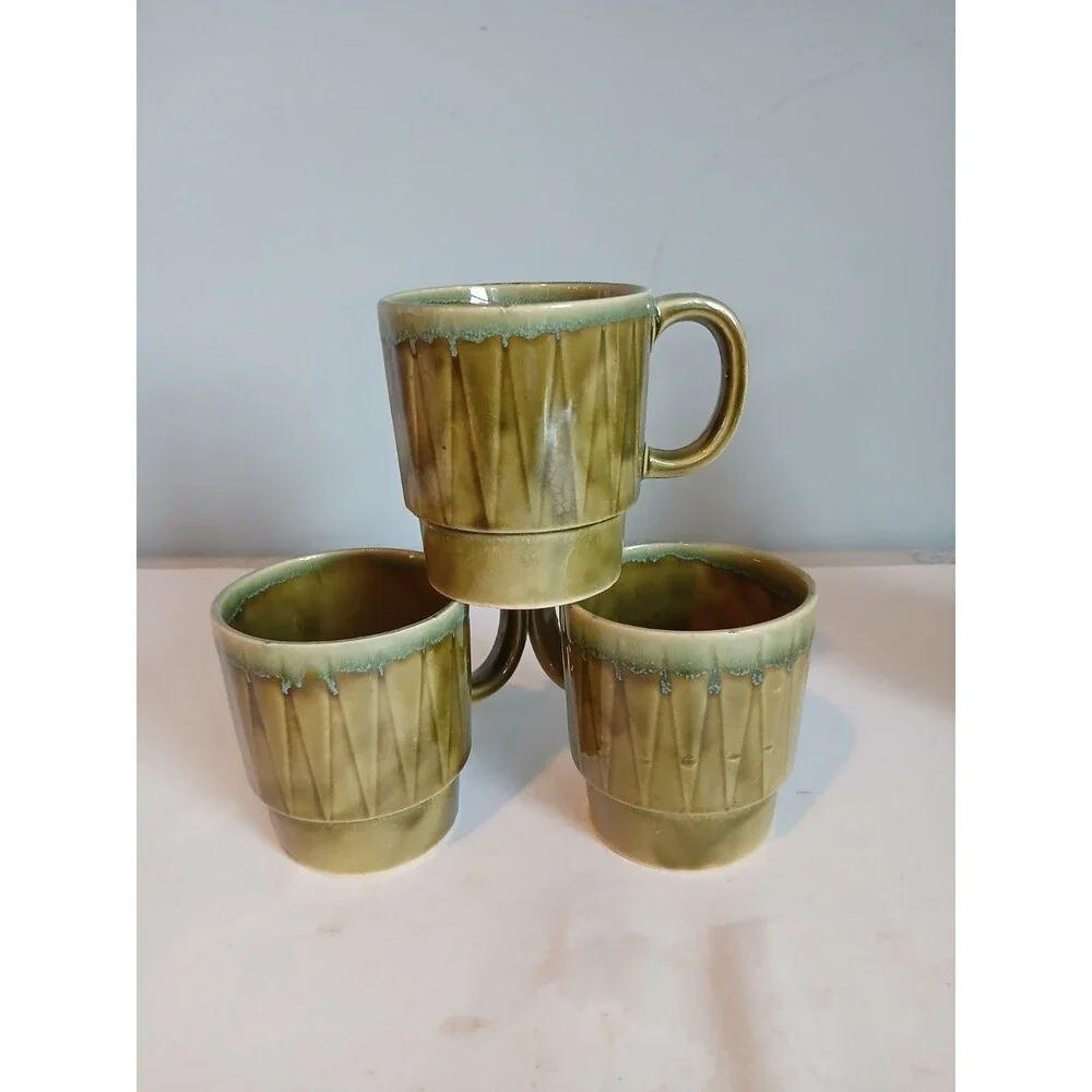 3 Vintage Retro stackable Made in Japan mug cup green drip 8 ounces